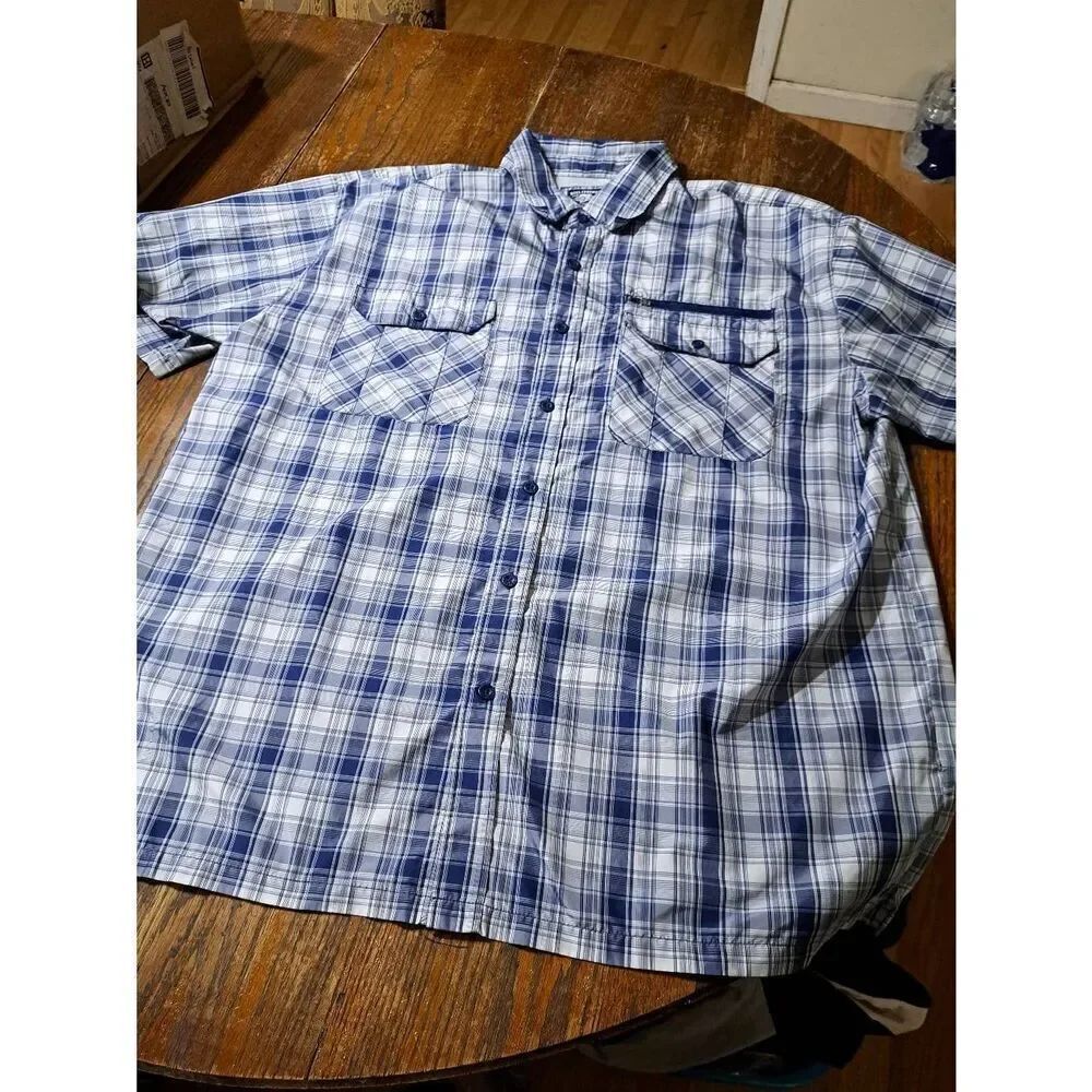 XXL Reel Legends Blue White Short Sleeve Button Front Athletic Fishing Shirt